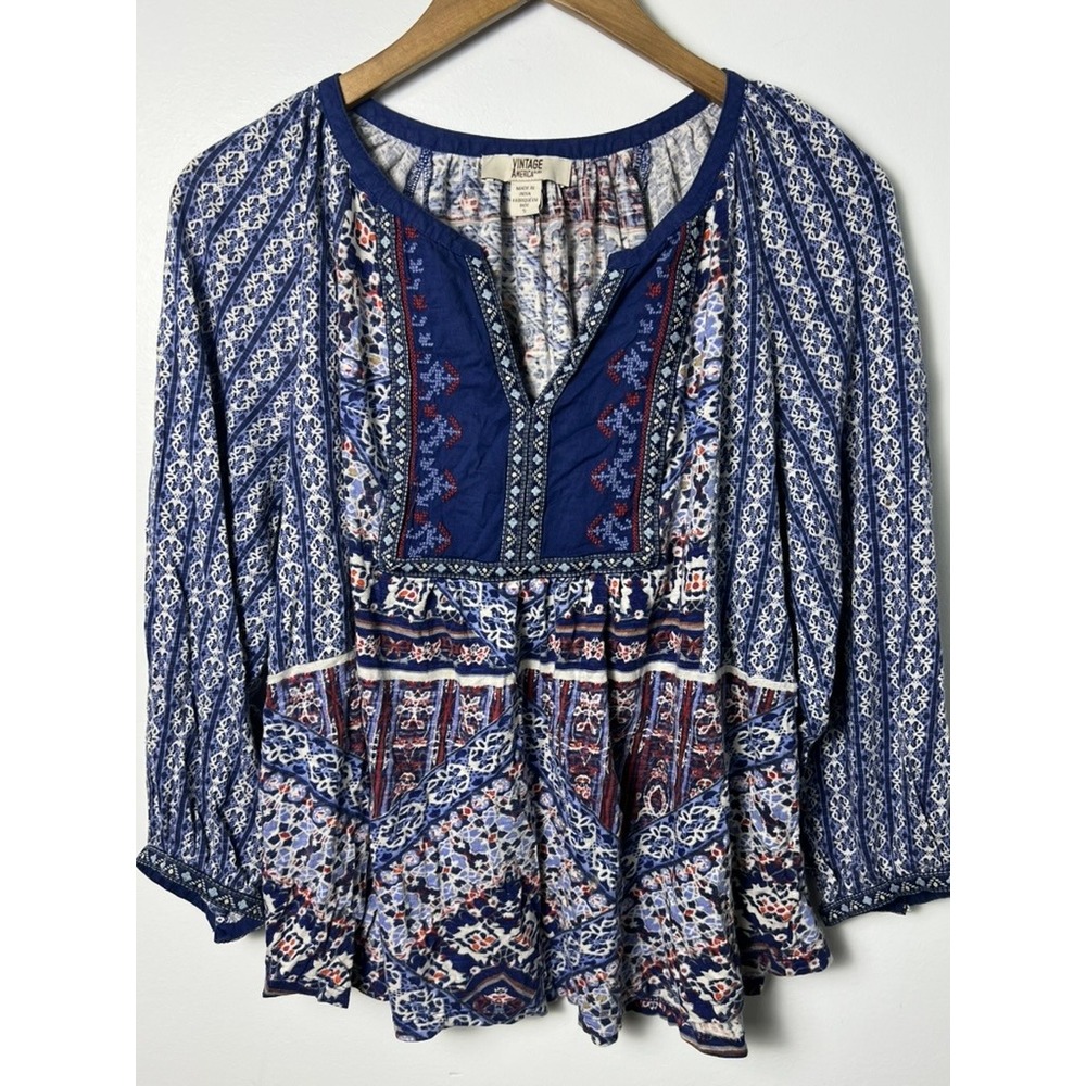 Vintage America Blouse S Blue Boho Embroidered Peasant Top Hippie Crunchy Earthy